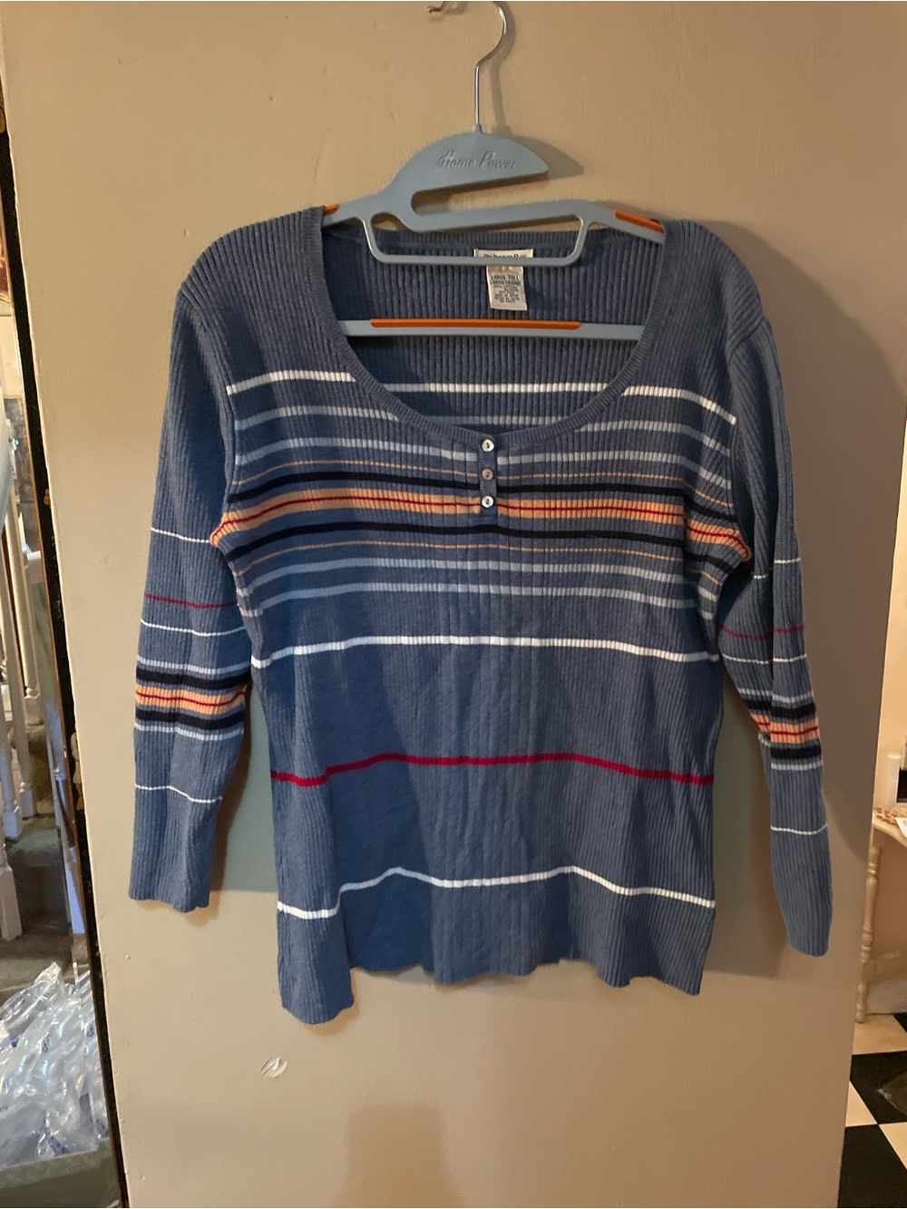 Vintage 90s St. John's Bay Blue Ribbed Henley shirt with White Stripes